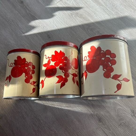 Vtg Retro MCM Nesting Metal Canisters Fruit Grapes Flower biege yellow Set Of 3 - Picture 11 of 11
